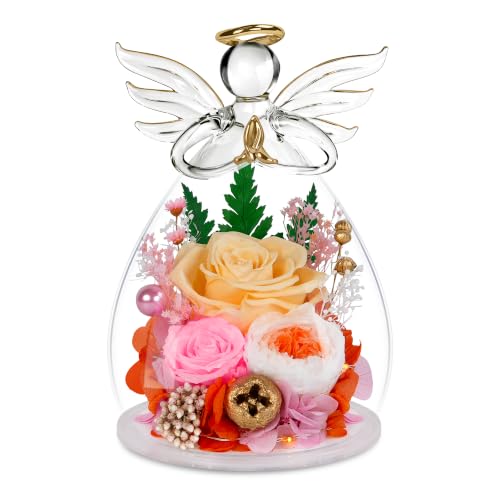 Image of encavy Birthday Gifts for Women,Fresh Flowers for Delivery,Preserved Rose Flowers in Angel Figurines,Light Up Champagne Angel Real Rainbow Roses for Mom Grandma Wife Her Girlfriend Anniversary