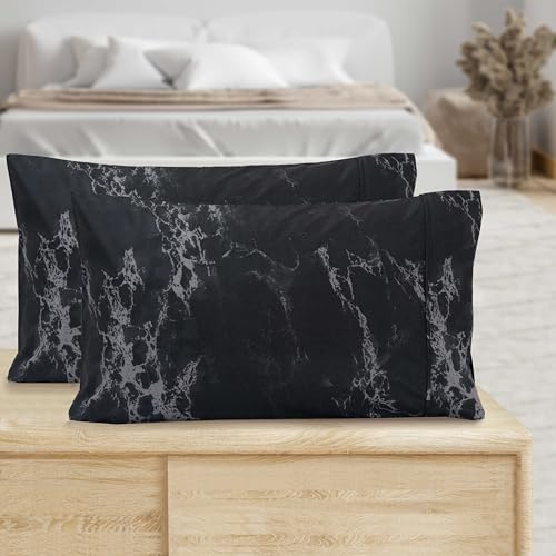 Image of Elegant Comfort Luxury Ultra-Soft 2-Piece Pillowcase Set - 1500 Premium Hotel Quality Microfiber Double Brushed - Wrinkle Resistant, Standard /Queen, Marble Pattern Black