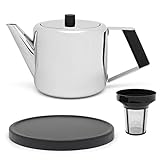 Bredemeijer kleine Silberne doppelwandige Edelstahl Teekanne 1.1 L schwarzer Griff & schwarzer Holzuntersetzer & Teefilter