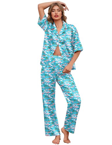 Ekouaer Silk Satin Pajamas Set Women Short Sleeve Pj Sets Button Down Sleepwear 2 Piece Soft Loungewear,Flamingo,L