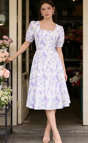 Image of Belle Poque Women's Vintage Midi Cottagecore Cocktail Dresses | Belle Poque Women's Vintage Cottage Core Dress,A-line,Midi,Square Neck,Homecoming Dress,Cocktail Dress,Sun Dress