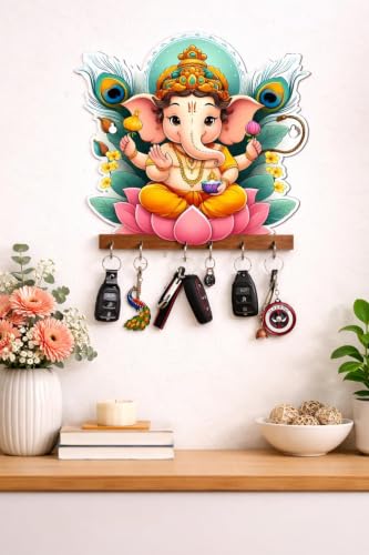 Image of CAPIO ART Ganesha Key Holder for Wall | Wooden Key Hanger with 6 Hooks | Decorative Wall Mounted Key Stand Organizer for Home Entrance, Living Room & Temple | Spiritual Home Decor (8x6 Inch)