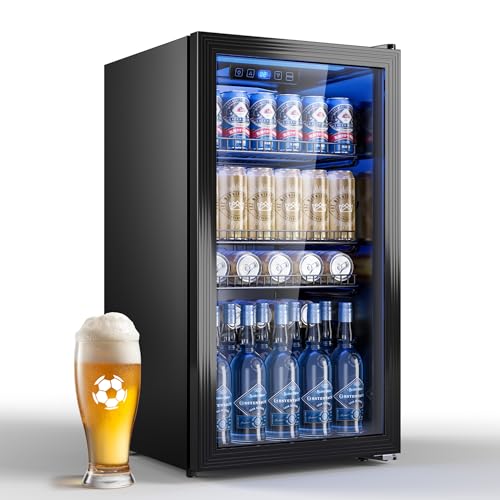 TRIUMPHKEY Réfrigérateur à Boissons 90 L avec Porte Vitrée, Mini Frigo pour 128 Canettes, Étagères Réglables pour Bière, Vin et Soda, Idéal pour Maison, Bar, Bureau ou Appartement