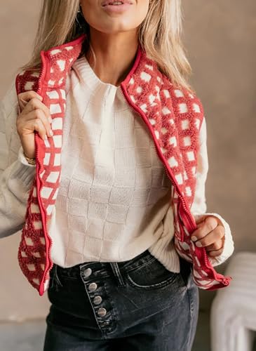 Women's Zip Up Sherpa Vest Checkered Fleece Vest Fall Winter Sleeveless Cardigan Warm Collared Outerwear Vests3