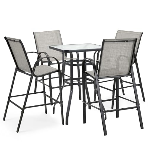 Image of HOMREST Outdoor Bar Height Stools Set of 5,4 High Back Patio Bar Chairs with Outdoor High Top Table,All Weather Outdoor High Top Bistro Set Furniture for Patio,Balcony,Light Grey