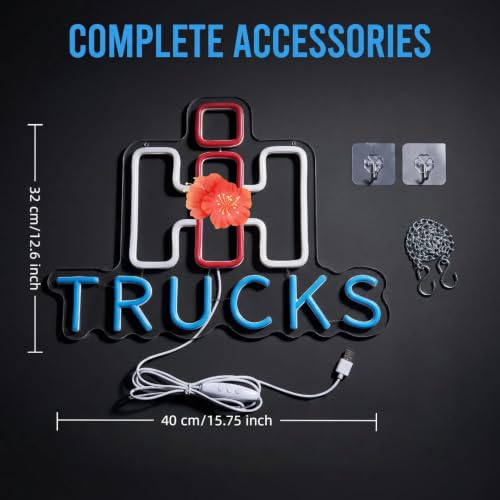 Image of International Harvester Trucks Neon Sign, USB Powered Harvester Neon Sign for Wall Decor Tractor Neon Light for Man Cavet, Dimmable Neon Light Wall Hanging Decor for Truck Culture Lover, Mechanic Shop, Garage, Man Cave Room