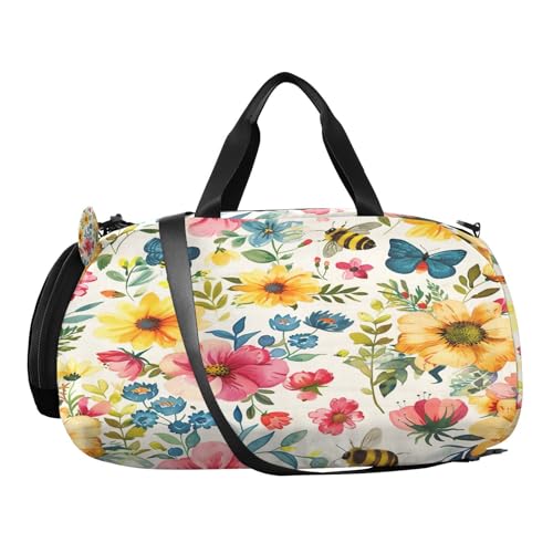 YETTASBIN Sport Travel Duffel Bag for Girls Boys, Colorful Flower Large Waterproof Weekender Overnight Bag, Detachable Shoulder Strap Gym Bag with Shoe Compartment & Wet Pocket2