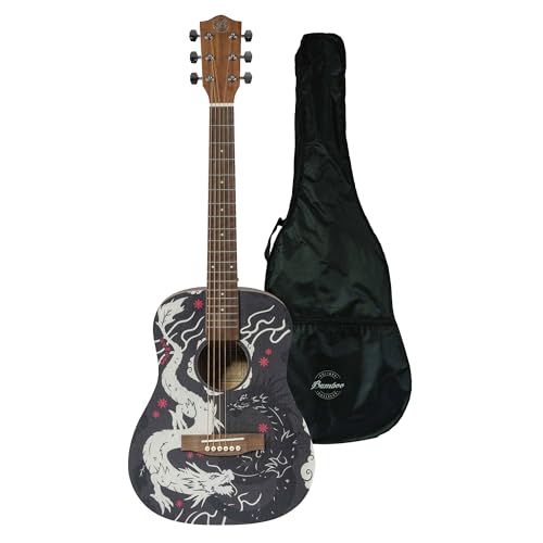 BAMBOO, Guitarra Acustica Travel, De viaje, Negra, madera Mahogany, tamaño 1/2, 34 pulgadas, Diseño...