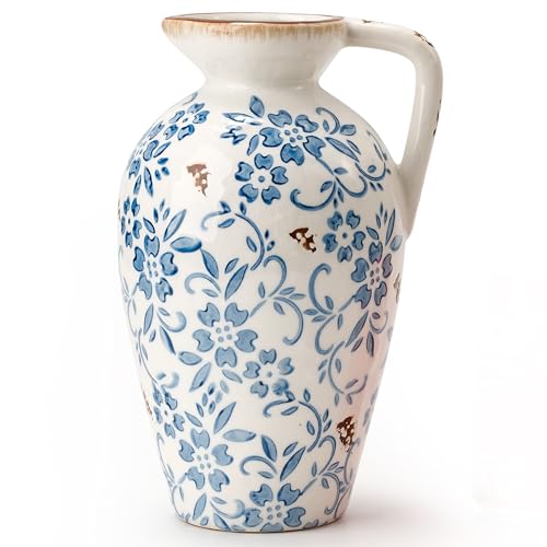 Blue-and-White Porcelain Antique Vase, 8.9 Inch Vintage Chinoiserie Floral Vase,