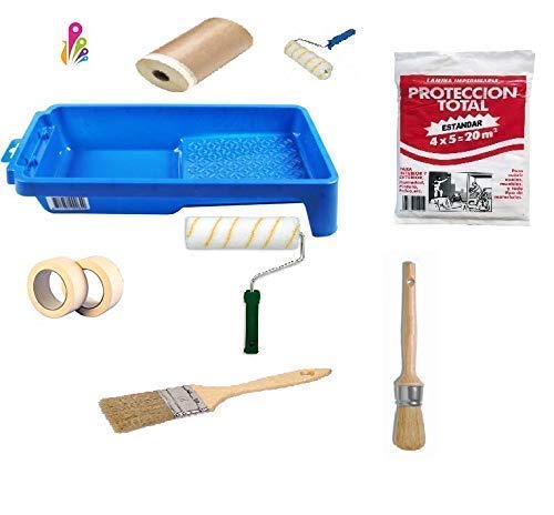 ECOCCEL.kit pintor, kit pintura pared, rodillo profesional y mini rodillo, brocha redonda n°22, paletina doble, papel con cinta adhesiva, 2 cinta carrocero de 24, cubre todo de 20 m2 y cubeta