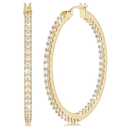 NICRET 14K Gold Hoop Earrings for Women Hoop Earrings Dual Diamond Hoops Earring Large Golden Hoops Earring 40 * 2mm