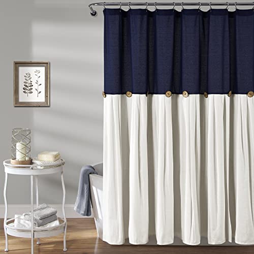 Image of Lush Decor Linen Button Shower Curtain, 72 inch W x 72 inch L, Navy & Off White - Navy Blue Shower Curtain Fabric - Bathroom Curtain - Farmhouse Bathroom Decor