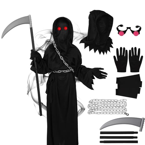 ARDFFA Grim Reaper Costume 7PCS Set, Halloween Reaper Outfit Set with Glasses, Robe, Scythe, Belt, Gloves, Chain for Scary Party, Cosplay & Halloween Events, M