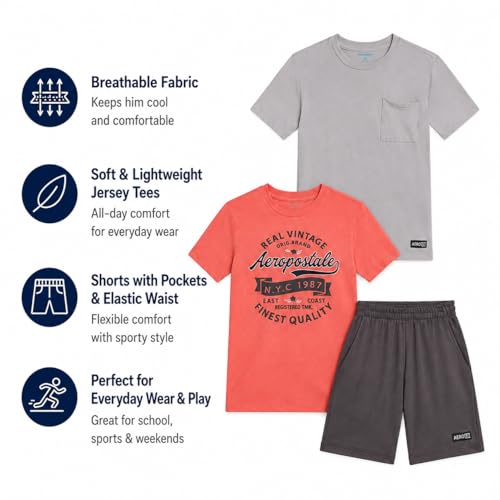 Image of AEROPOSTALE Boys Athletic Shorts Set 3 Piece Graphic T Shirts Fleece Shorts | Soft Breathable Jersey Tees, Elastic Waistband, Side Pockets, Screen-print Design, Durable Stitching for School & Play