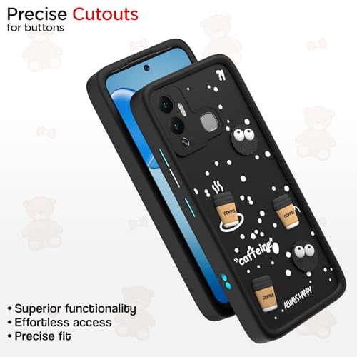 Image of Pikkme Back Cover for Infinix Hot 12 Play | 3D Bear Silicone Cute & Fun Coffee Cartoon | Full Body Protection Bumper Case (Black)