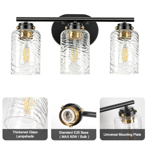 Image of 3-Light Bathroom Light Fixtures, 18 Inches Black Gold Vanity Light | Thick Water Ripple Clear Glass, Bathroom Wall Lamp for Mirror, Rust-Proof, Up /Down Mount, ETL Certified, E26 Ceramic Sockets