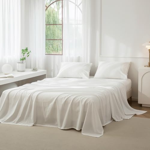 JIYUAN King Size Sheet Set, 4-Piece - 100% Washed Cotton, Linen-Like Soft & Breathable, Includes Deep Pocket Fitted & Flat Sheet with 2 Pillowcases, Hotel Quality, Solid Off White