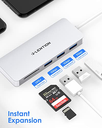 Lention Usb 3.0 Hub With 3 Usb 3.0 & Sd/Micro Sd Card Reader Adapter For Micro/Sdxc/Sdhc/Sd/Uhs-I Cards Compatible Macbook Air/Pro (Previous Generation), Surface, Chromebook, More (Cb-H15, Silver) #TOP4