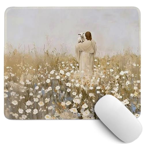Image of Jesus Mouse Pad,Christian Mouse Pad,Vintage Easter Decor Desk Mat,White Floral Desk Mat,Christian Desk Accessories for Dorm Home Office Decor,Jesus Find The Lost Lamb,10.2x8.3 Inch