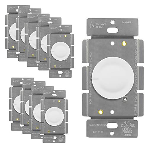 Limited Stock ENERLITES Rotary Dimmer Switch with Illumination, Push On/Off, Single-Pole and 3-Way, ONLY for Incandescent and Halogen, 120VAC 600W 60Hz, UL Listed, 52331-W-10PCS, White