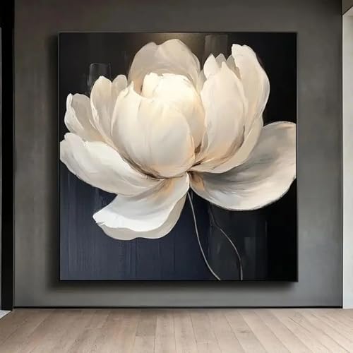Peinture murale florale noir et blanc 70x70cm pour l'ambiance zen du salon