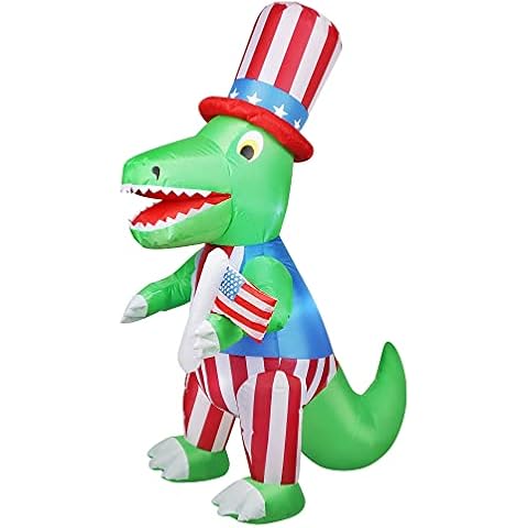 ATDAWN 5 FT Patriotic Independence Day 4th of July Inflatable Dinosaur, LED Blow Up Lighted Holiday Party Decorations for Indoor Outdoor Home Celebration Garden Yard Photo Prop Cover