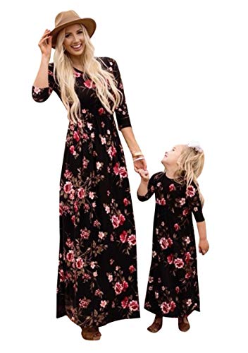 WIWIQS Girl's Long Sleeve Spring High Waist Maxi Dress Loose Floral Print Casual Long Dresses Plus Size Shirt Dress Floral Black Long Sleeve 2XL
