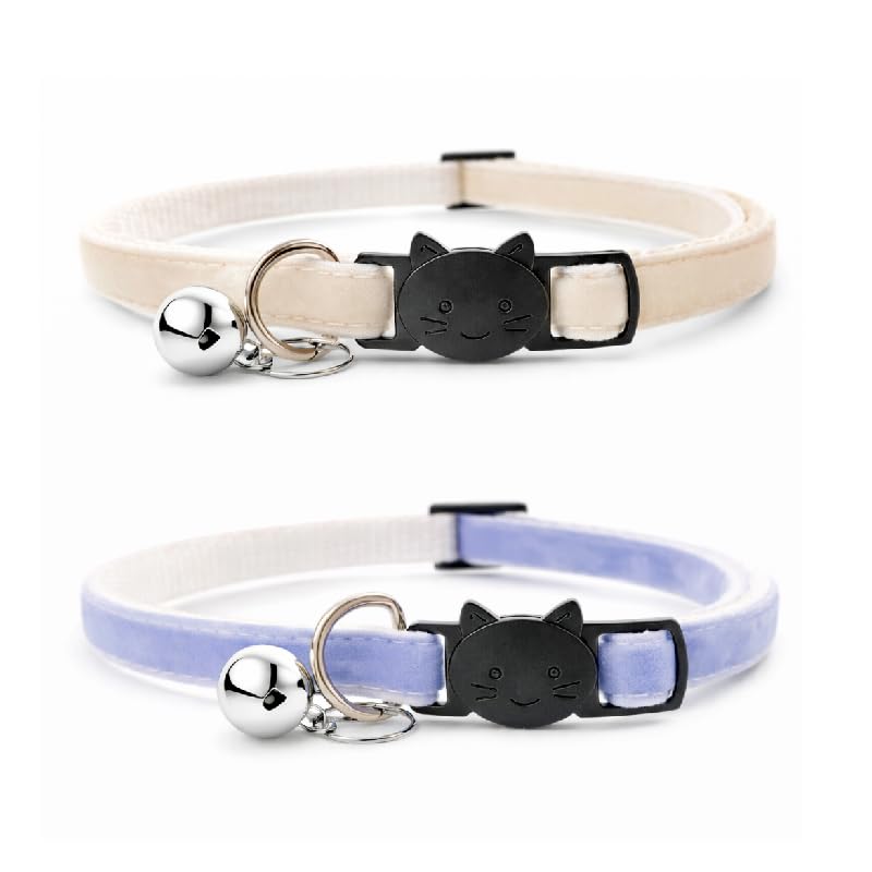 Velvet Cat Collars with Bell. Safe Quick Release Breakaway Buckle | Zacal Cat Collars (Cream & Lilac, Pack of 2)