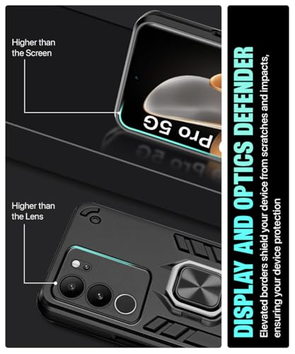Image of WOW IMAGINE Shock Proof Back Case Mobile Cover for Vivo V29 | V29 Pro 5G (Tough Armor | Hybrid PC + TPU | Full Protection with Ring Holder & in-Built Kickstand | Black)
