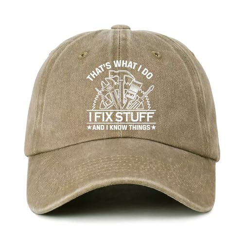 GOSJINNK Funny Tool Baseball Cap That's What I Do I Fix Stuff and I Know Things Cotton Adjustable Hat Vintage Distressed Khaki Baseball Hat Trendy Birthday Gift for Men Dad Grandpa Neighbor Friend