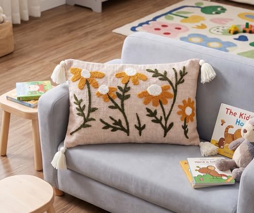 Image of Furnistitchs Boho Rectangle Cushion Cover 12x20 inches | Handmade Decorative Throw Pillow Case | Bohemian Home Decor Sofa Bed Cushion Cover Living Room Bedroom (2, Beige Floral Cuts, 12x20 inches)