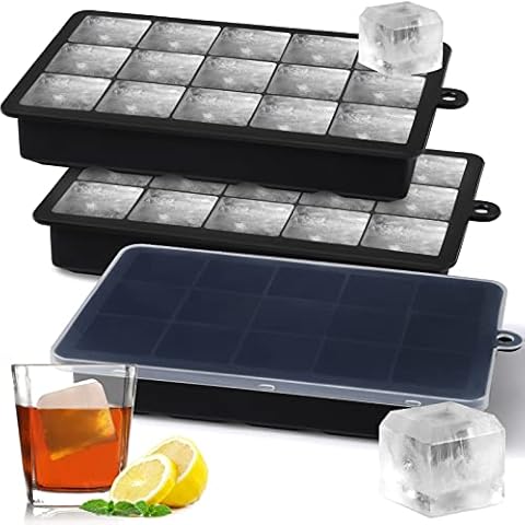 Silicone Ice Cube Trays with Lid,Sinnsally Large 3 Pack Silicone Baby Food Freezer Tray,15 Big Square Block Ice Cube Molds for Freezer Containers,Reusable Ice Maker for Cocktails,Whiskey(Black) Cover