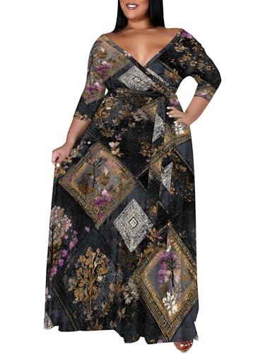 Image of SUZONANA Plus Size Maxi Dresses for Curcy Women Casual Loose 3 /4 Sleeve Long Dress with Belt