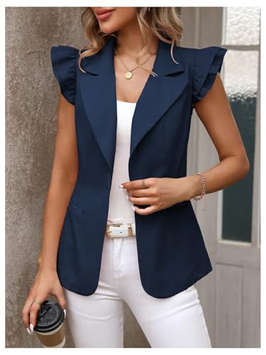 WDIRARA Women's Ruffle Cap Sleeve Blazer Jacket Button Lapel Neck Dressy Waistcoat4