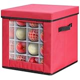 Caja Bolas Navidad, Ohuhu Caja para Guardar Adornos de Navidad 64 Compartimentos de 7,6 cm, Caja Almacenaje Bolas Navidad con Tapa y Bolsillo Trasero, Tela Oxford 600D