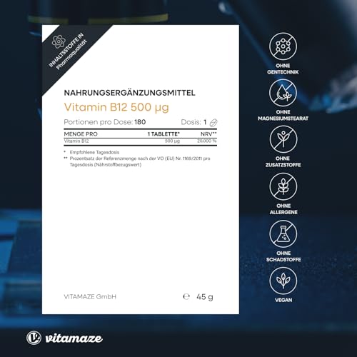 Vitamin B12 hochdosiert und vegan, Methylcobalamin, 500 mcg 180 Tabletten für 6 Monate Dauerversorgung, Natürliche Nahrungsergänzung ohne Zusatzstoffe, Made in Germany