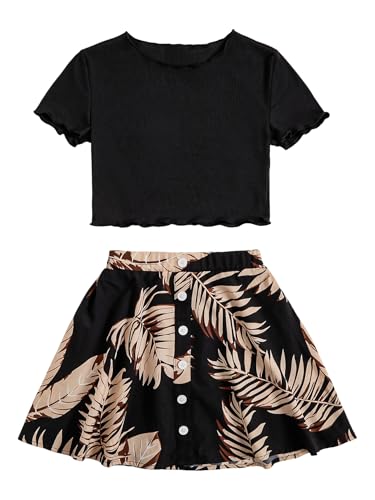 Image of SHENHE Girl's Floral Skirt Outfits Two Piece Short Sleeve Crop Top T Shirt and Skirt Set