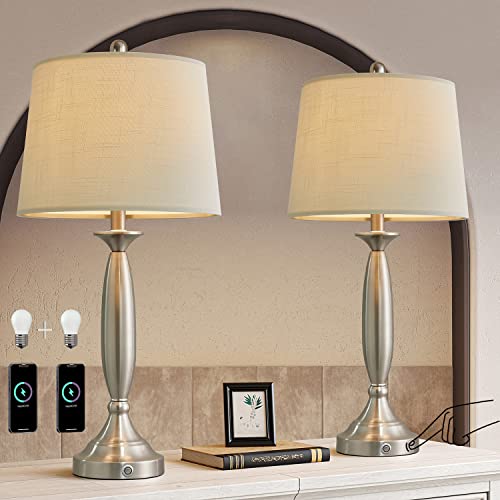 Oneach 3 Way Dimmable Touch Control Usb Table Lamps Set Of 2 For Living Room Bedroom Nightstand Modern Industrial 27.75“ Brushed Steel Bedside Lamp Linen Shade Accent Light Silver(Bulb Included) #TOP1