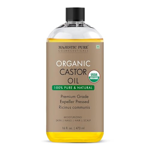 Majestic Pure Aceite de ricino orgánico, 473 ml líquidas, 100% puro y natural, aceite portador de primera calidad, para cabello, pestañas y cejas, aceite para cabello y cuerpo, prensado con expulso