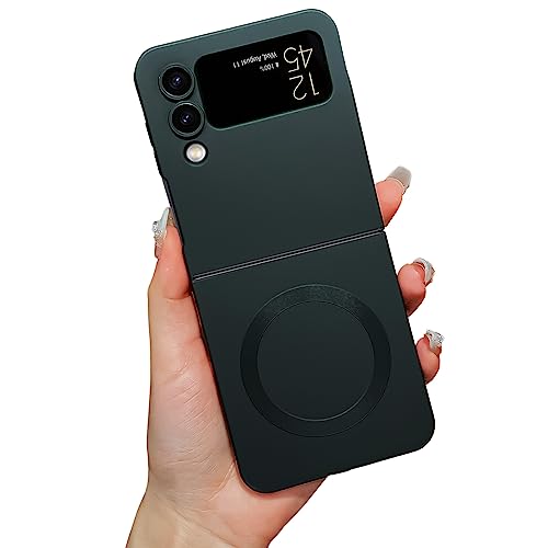 Magnetic Samsung Galaxy Z Flip 4 Case [Compatible With Magsafe] Built-In Camera Lens Protector Film Premium Metallic Paint Soft Touch Silicone Shockproof Luxury Z Flip4 Phone Cover (Black) #TOP26