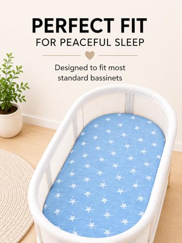 Image of Cotton Fitted Bassinet Sheets, 33x17x4, Sage Green-White-Blue, 3 Pack