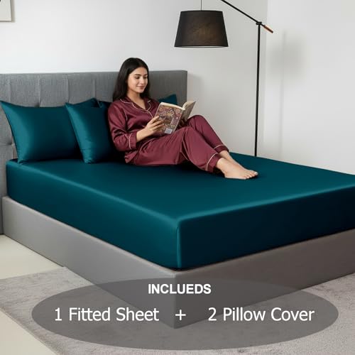 Image of Soft and Silk Satin Fitted Bedsheet for Single Size 36X75 +12 in - Elastic Fitted Sheet 400 TC Hotel Collection for Bedroom | Fitted Sheet with Pillow Cover Teal, Single Bed