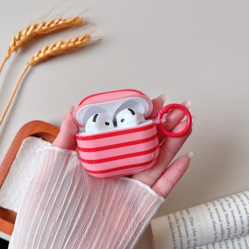 Image of MINSCOSE for AirPods 4 Clear Case,Cute Stripes Aesthetic Pattern Design with Trendy Keychain Ring,Soft TPU Anti-Drop Shockproof Protective Cover with Cleaner Kit for Girls Women-Red