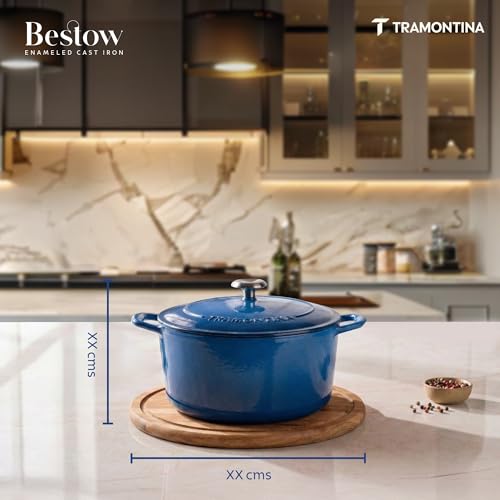 Image of TRAMONTINA Bestow Round Dutch Oven 3.3L with Lid | Enameled Cast Iron Casserole Pot & Biryani Pot | Even Heat Retention | Low Oil Healthy Cooking | No Seasoning Required | All Cooktops Compatible | Blue