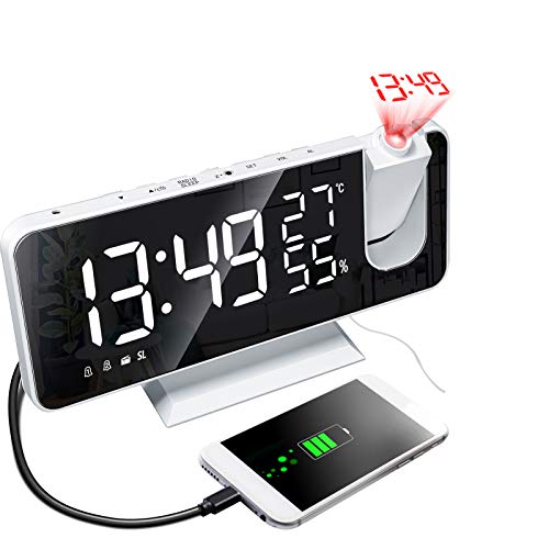 Kavolet Réveil à Projection numérique 4 en 1, Horloge de projecteur à 180 degrés, avec Surface de Miroir, Moniteur d'humidité température/Radio FM/Chargeur de téléphone/Affichage à LED/℃ / ℉