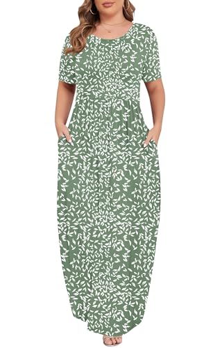 Image of KARALIN Women Plus Size Maxi Dress Short Sleeve Round Neck Loose Fit A-Line | Plus Size Long Dress,Summer Casual Maxi Dresses,Short Sleeve,Side Pockets,Round Neck,Elastic Waist,14 Plus - 26 Plus