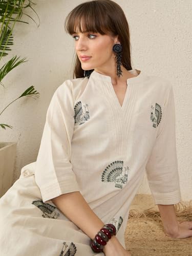Image of INDO ERA Women's Pure Cotton Animal Embroidered A-Line Kurta & Palazzo Set (Off White IESTR11998 Small)