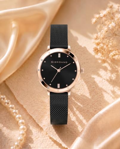 Image of Giordano Analog Quartz Watch for Women with Round Dial, Two-Hand Display, Crystal-Studded Hour Markers and Bezel and Stainless Steel Mesh Strap - A2085