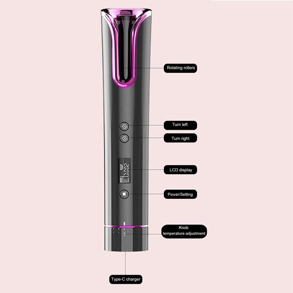 Cuervillo portátil para Cabello portátil Curling Automatic Hierro, Viaje de Carga USB Inteligente Curling Inalámbrico Pinzas LCD Curling Automático Hierro