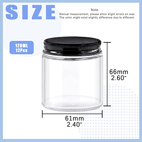 Glarks 12 Pack 4oz Glass Jars with Lids, Round Clear Glass Jars with Inner Liner and Black Lids for Storing Creams, Beauty Products, Cosmetic and Ointments2
